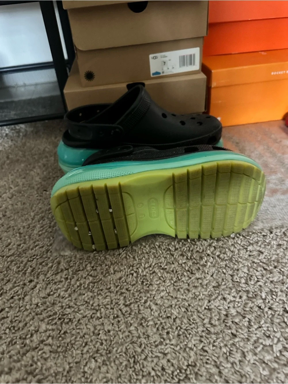 CROCS Black with Aqua and Lime Platform Clogs